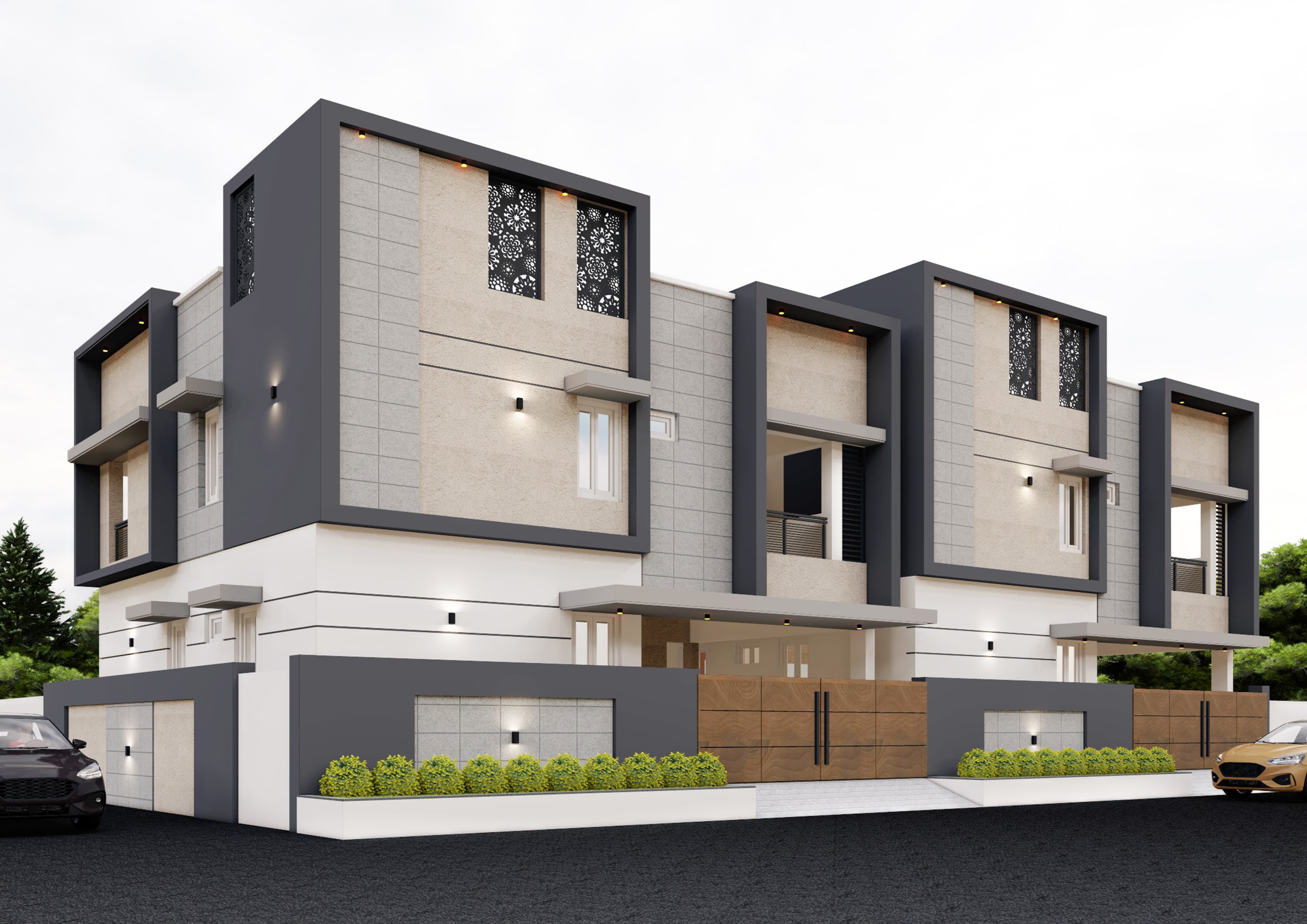 Rendered corner view of the two villas with jaali screens, landscaping and parked cars