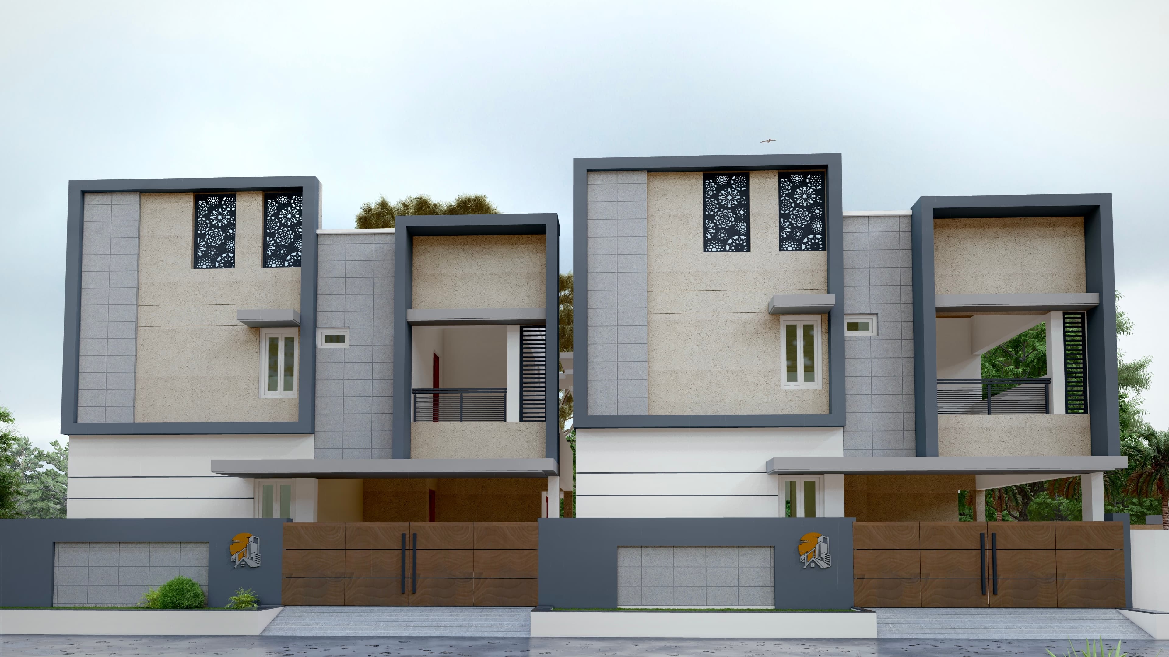 Rendered front elevation of the two villas