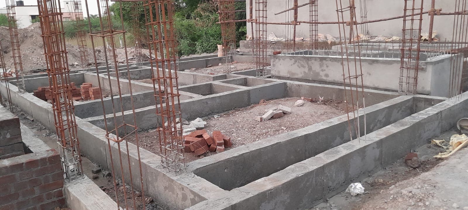 Cast plinth beams and column starter bars at foundation level