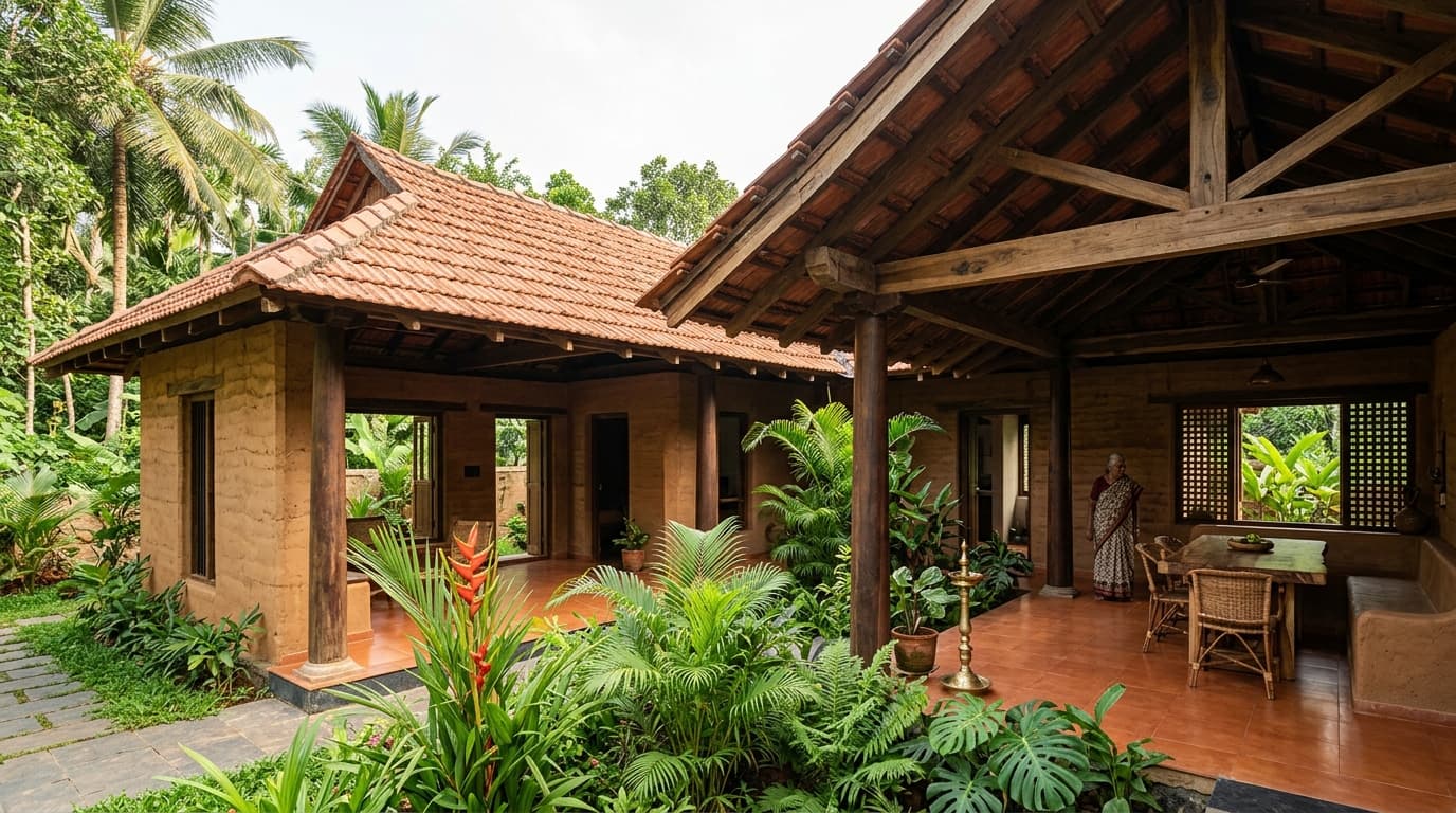 Sustainable bioclimatic green architecture, stabilized earth mud walls, natural courtyard cross-ventilation, and shaded verandas.