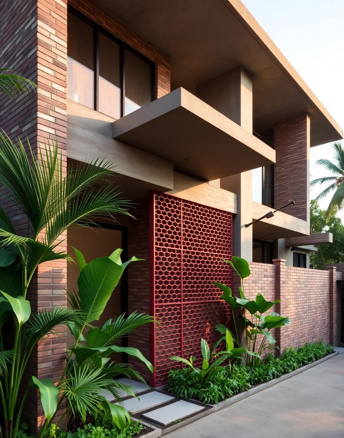 Perforated terracotta jaali screen casting intricate shadow geometry on concrete floor