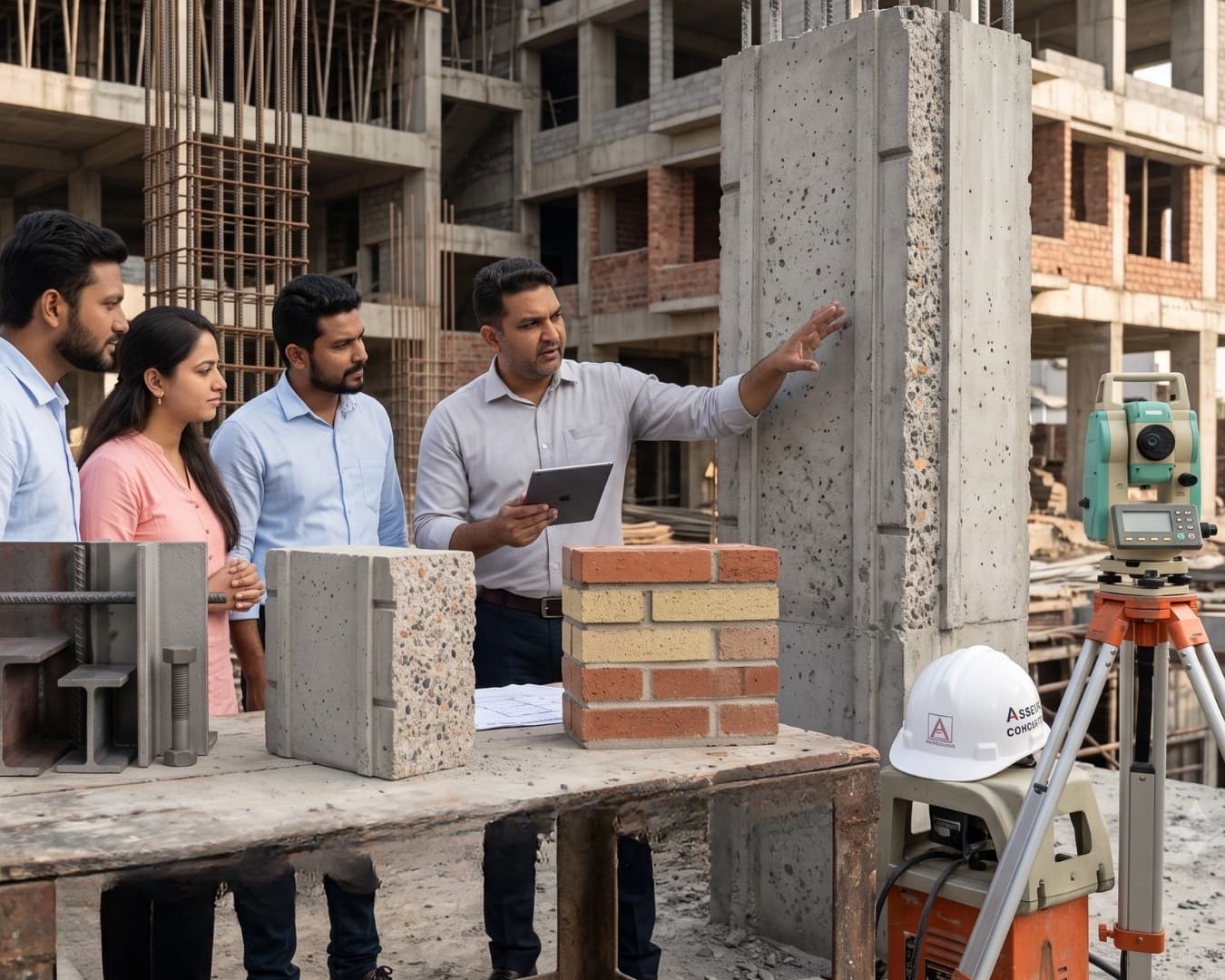 Civil engineers conducting layout marking, leveling, and site measurements on open ground.
