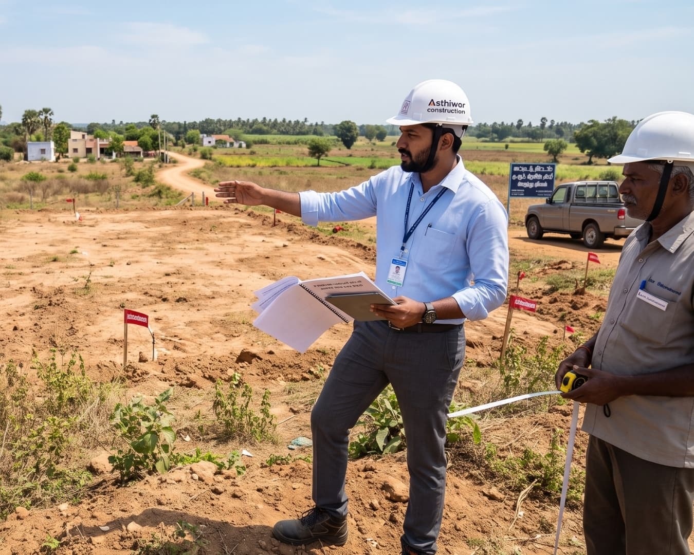 Architectural team reviewing site plans, drawings, and material specifications with clients.